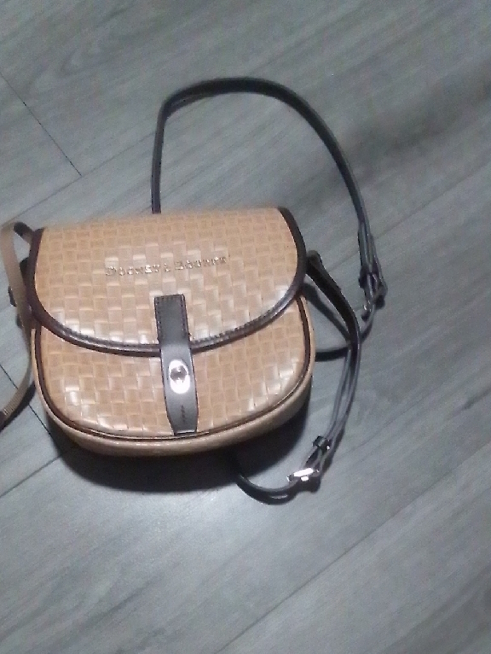 Dooney & Bourke Tan Woven Crossbody with Dark Brown Trim